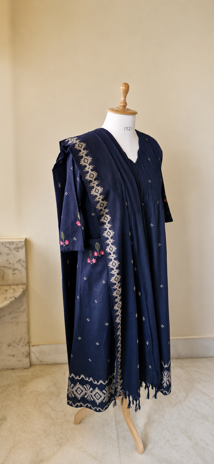 Indigo Jamdani Weave Cotton Kurta Set with Dupatta