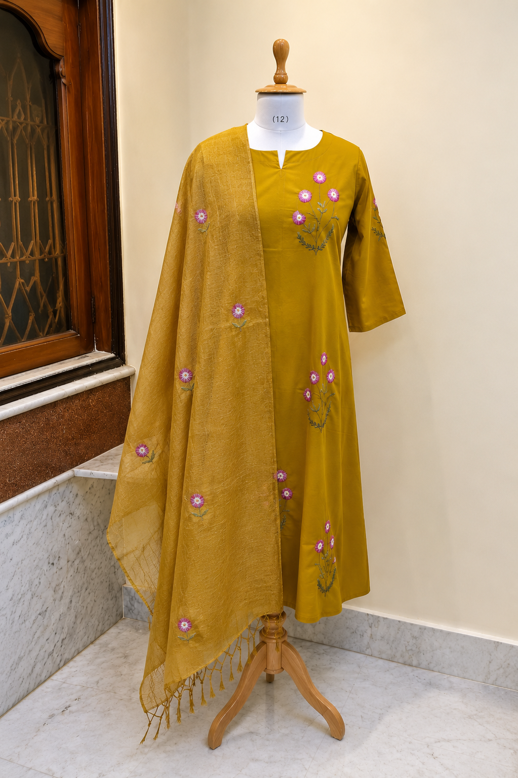 Ochre Floral Embroidered Cotton Kurta Set for Women