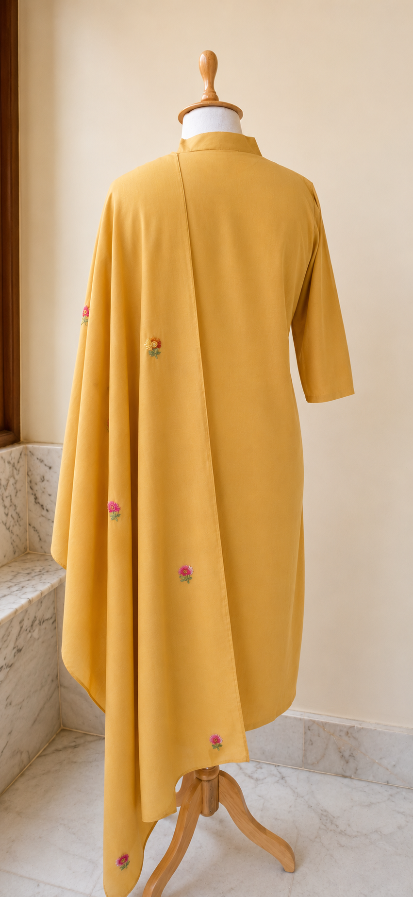 Mustard Floral Embroidered Cotton Kurta Set with Dupatta