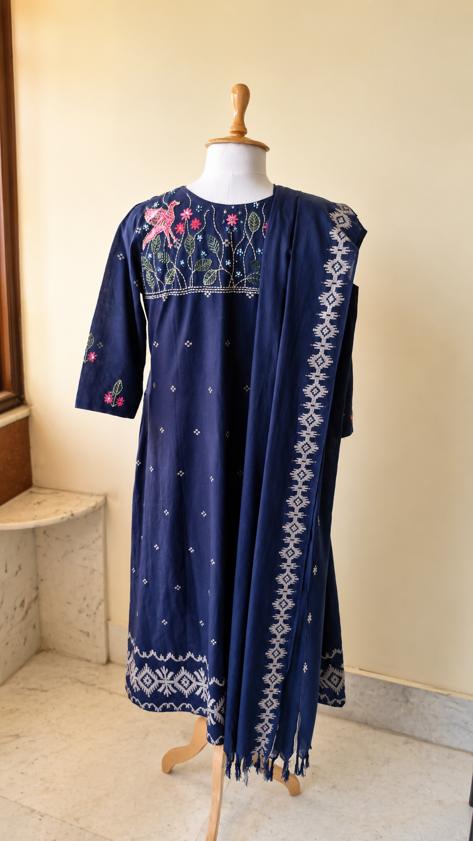 Indigo Jamdani Weave Cotton Kurta Set with Dupatta