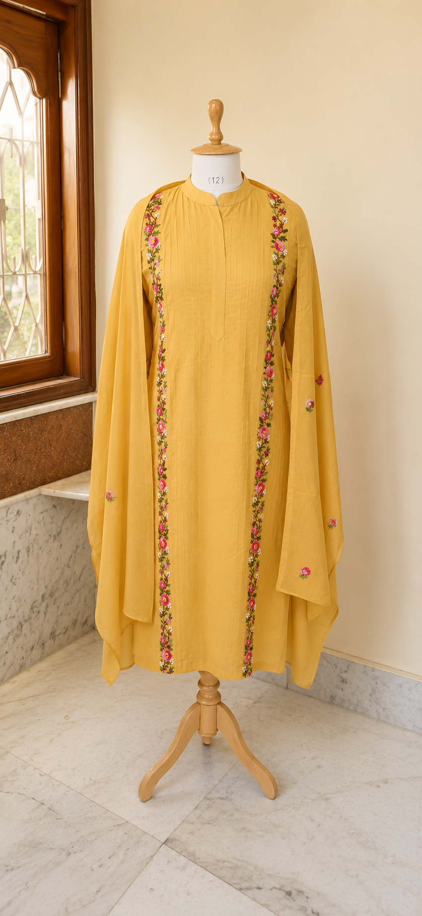 Mustard Floral Embroidered Cotton Kurta Set with Dupatta