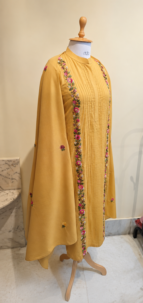 Mustard Floral Embroidered Cotton Kurta Set with Dupatta