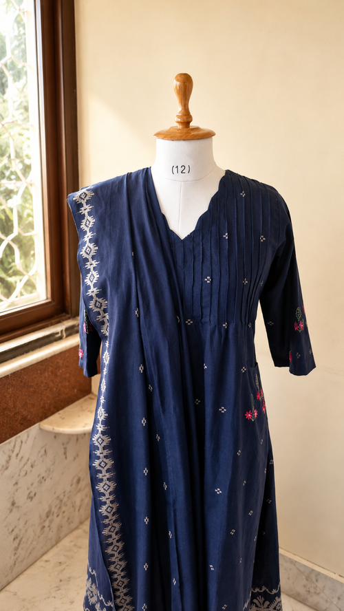 Indigo Jamdani Weave Cotton Kurta Set with Dupatta