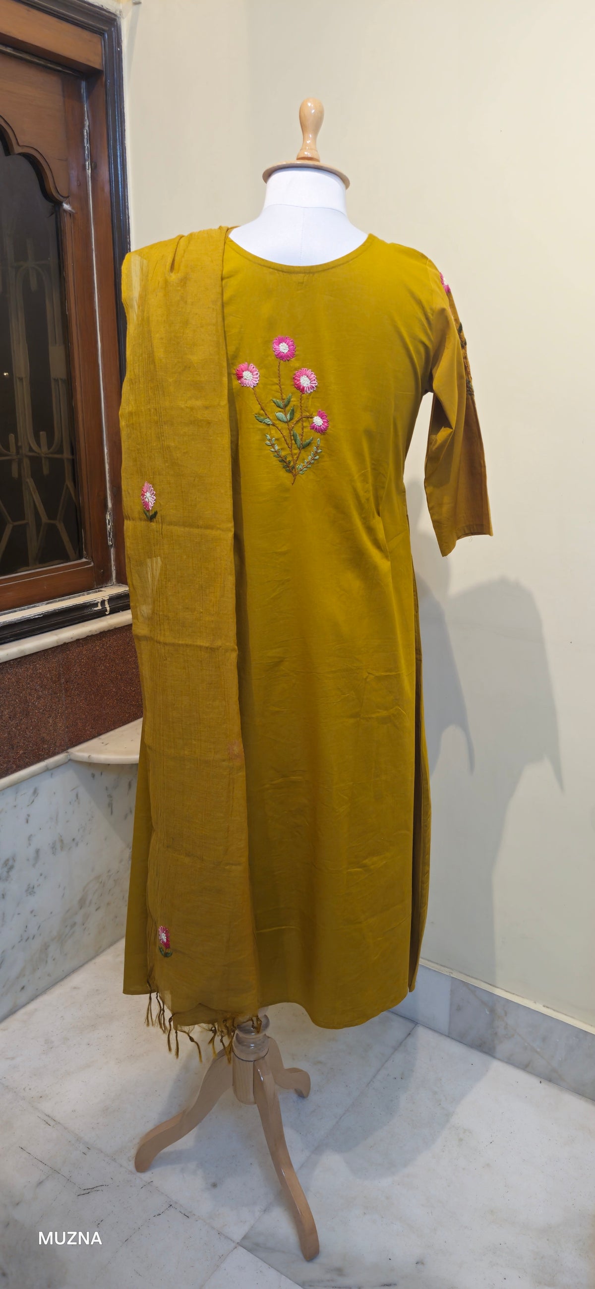 Ochre Floral Embroidered Cotton Kurta Set for Women