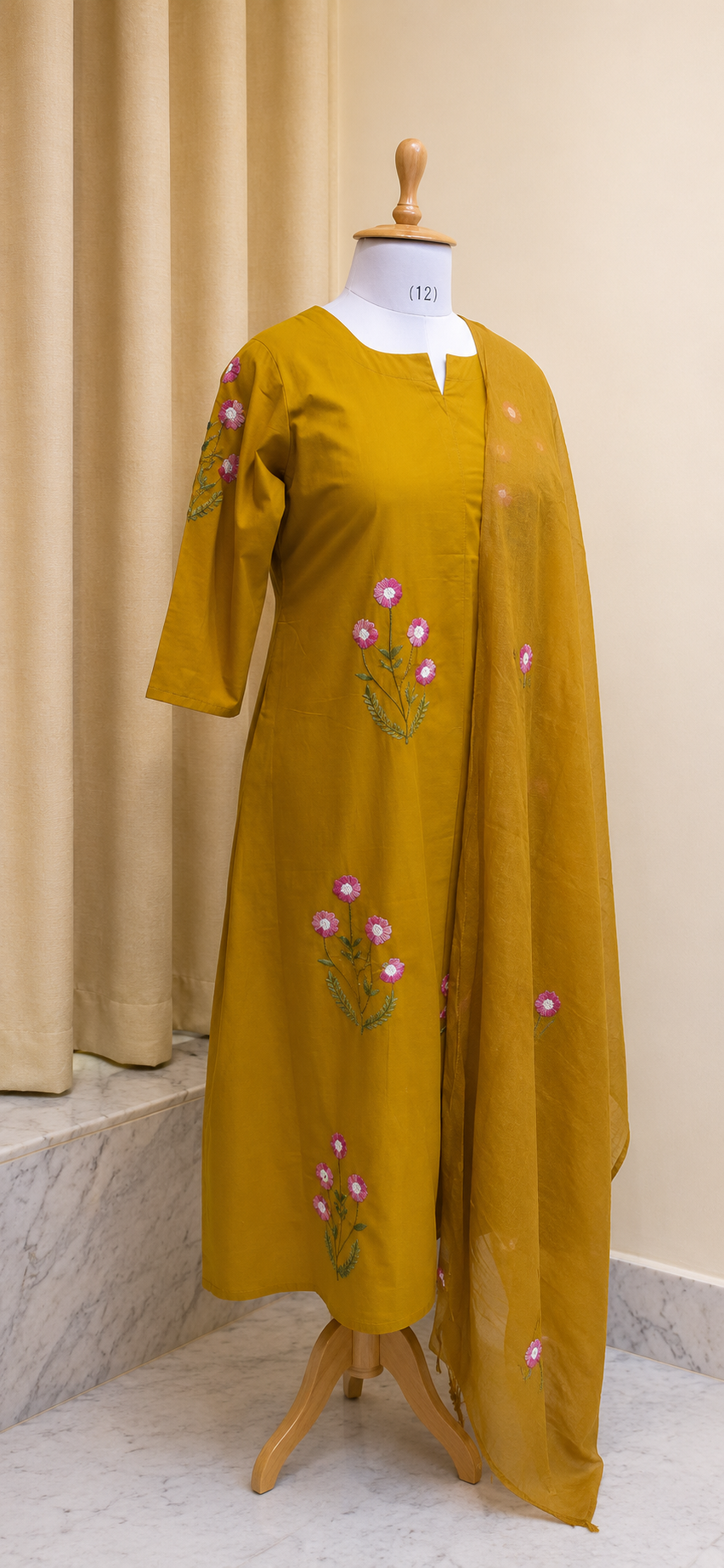 Ochre Floral Embroidered Cotton Kurta Set for Women